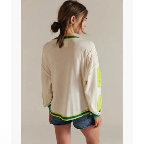 Free People Cream Sweater with Lime Green Tennis Ball Patch Details - Picture 2 of 9